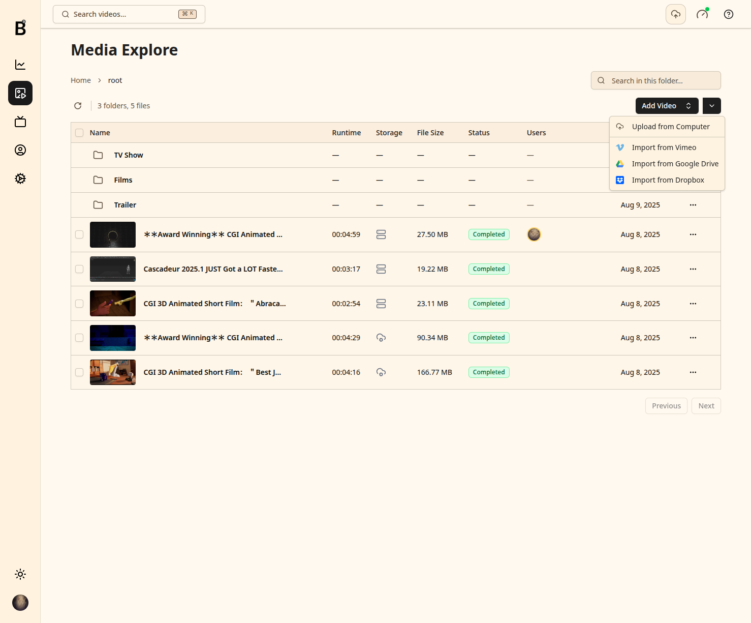 Videos library interface with sharing options
